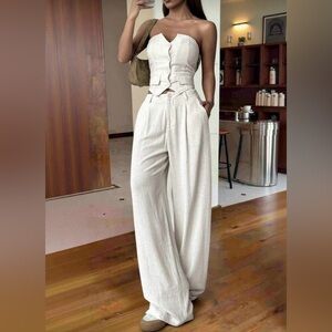 Elegant Cream Women's two piece strapless power suit